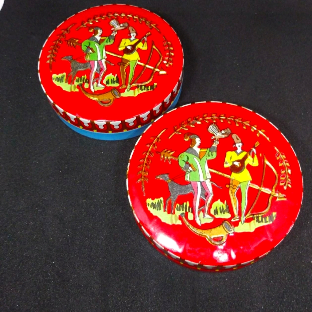 Set of 2 Antique European Mid Century Tins with Musical Duo and Falconer